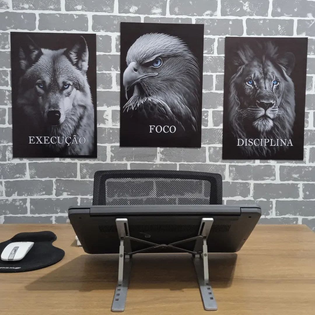 Quadros Decorativos Leão Águia Disciplina Motivação 3 Peças