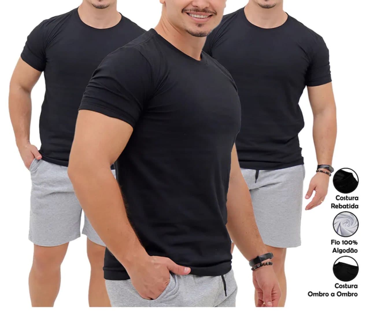 Kit 3 Camiseta Masculina Básica 100% Algodão 30.1 Premium