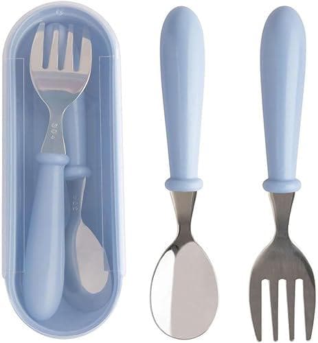 Jogo Talheres Colher Garfo Inox Infantil Kit Com Estojo Bebê Introdução Alimentar Passeios e Viagens Azul