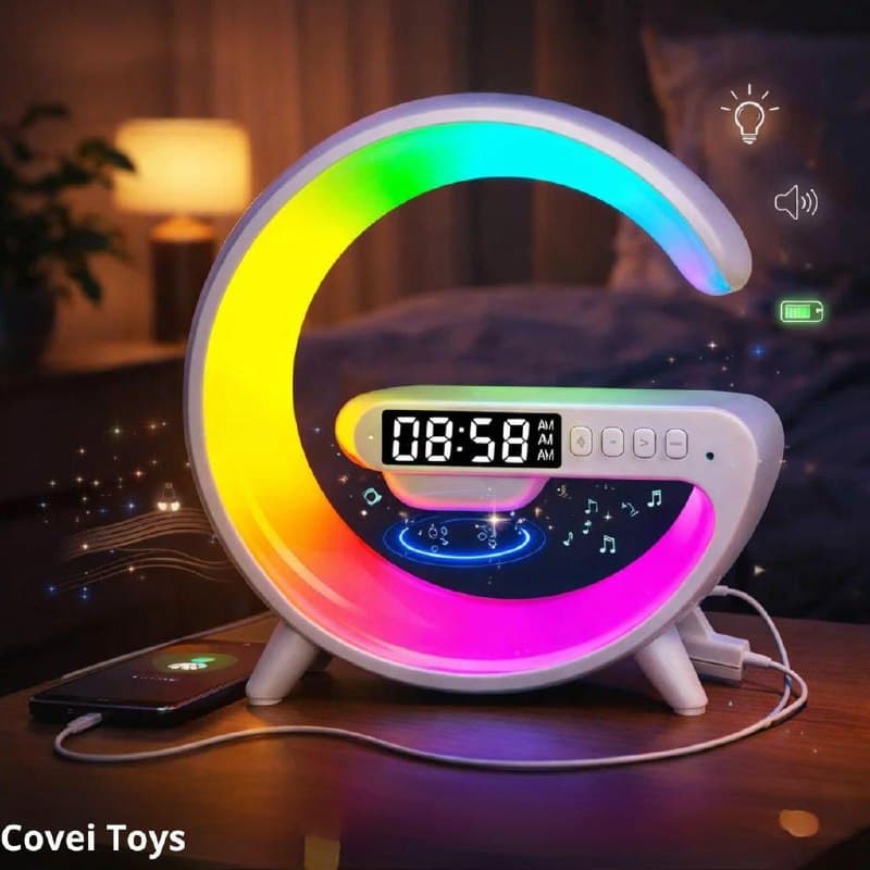 Luminária Despertador Com Luz Led Bluetooth Caixa De Som Relógio Digital Carregamento Indução Design Moderno Abajur