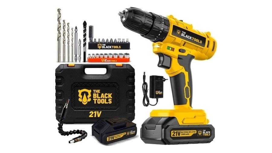 Parafusadeira Furadeira de Impacto a Bateria 21V 3/8" Bivolt 1400 RPM com Acessórios e Maleta TB-21PZW The Black Tools