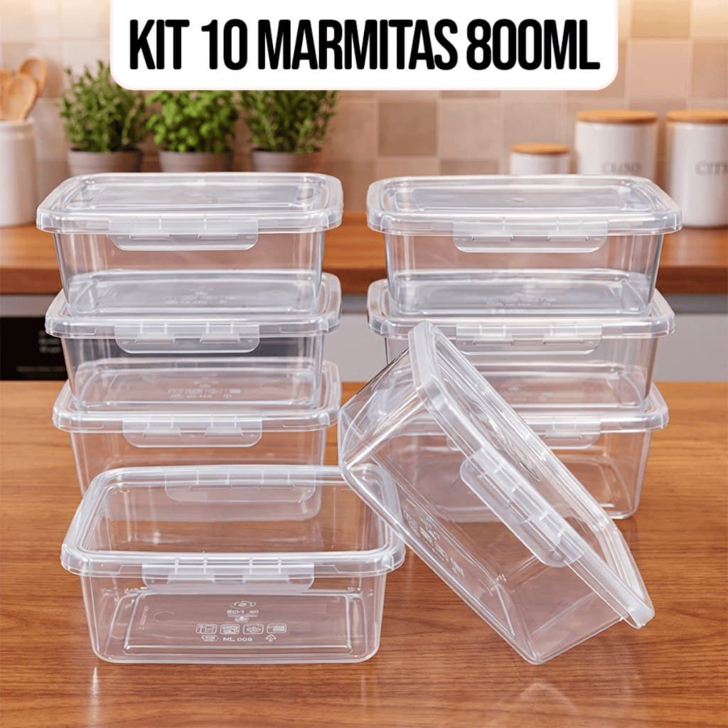 Kit 10 Marmitas Potes 800ml com Travas Laterais Herméticas Livres de BPA KAZIVA