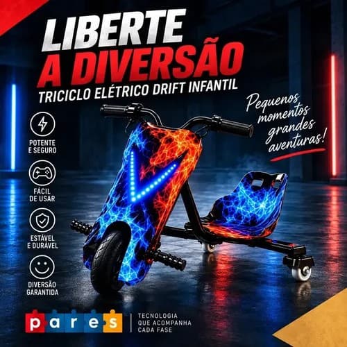 Patinete Elétrico Infantil Triciclo Drift 3 Rodas + Kit de Segurança