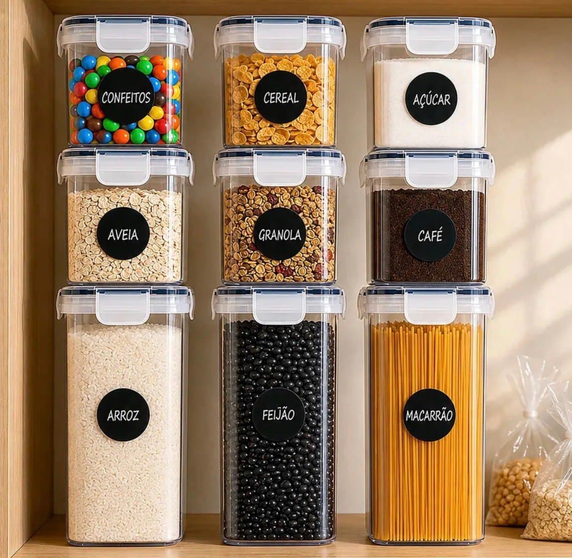 Kit 15 Potes Herméticos para Mantimentos com Tampa, Etiquetas e Colheres Medidoras