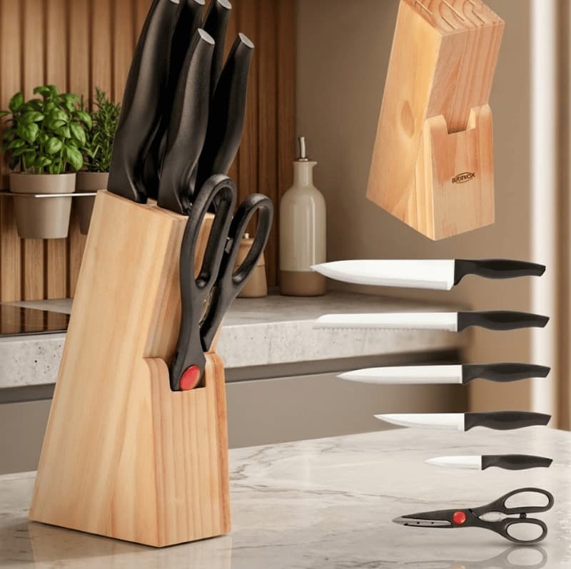 Kit de facas 7 peças preto com suporte de madeira Brinox Cross