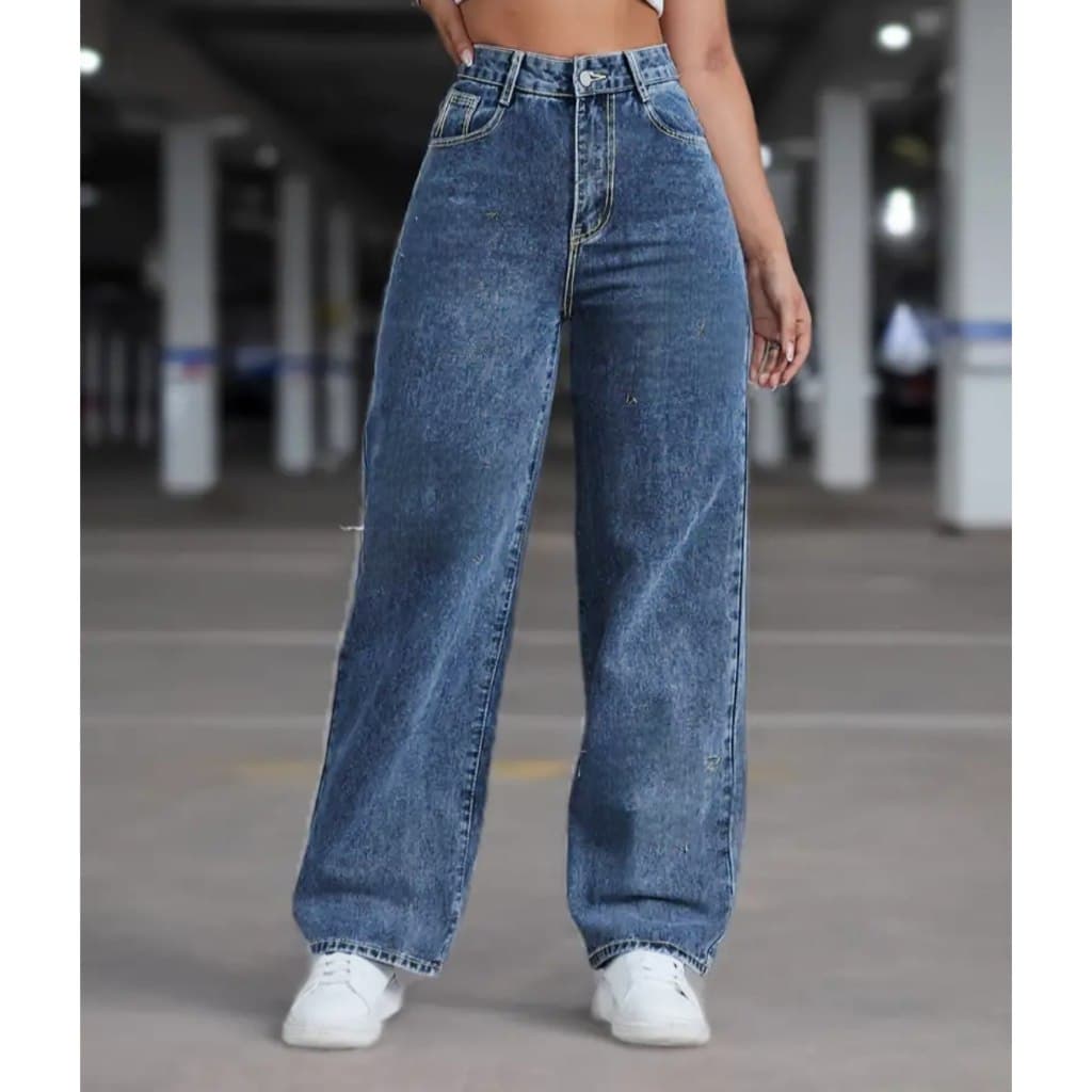 Calça Jeans Feminina Wide Leg Pantalona Cintura Alta